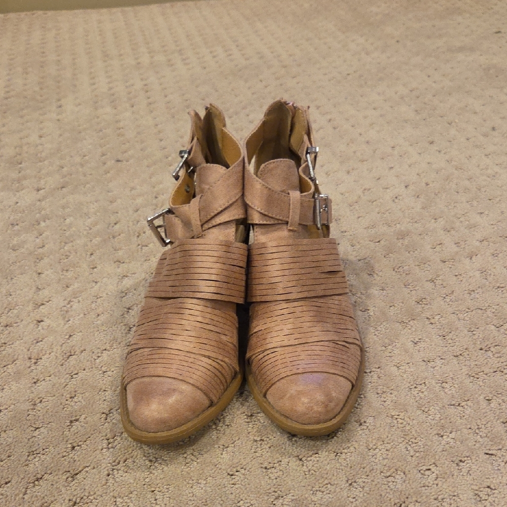 Qupid Pink and Tan Ankle Booties with Buckle Details